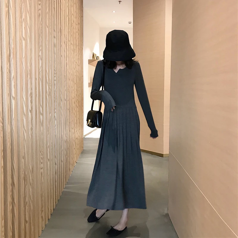 

Women Dress Sexy Fashion Long Dress Loose V-neck Pleated Long Sleeve Maxi Dresses
