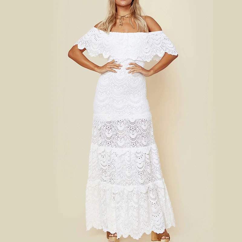 Женское длинное платье элегантное белое классическое кружевное с цветочной