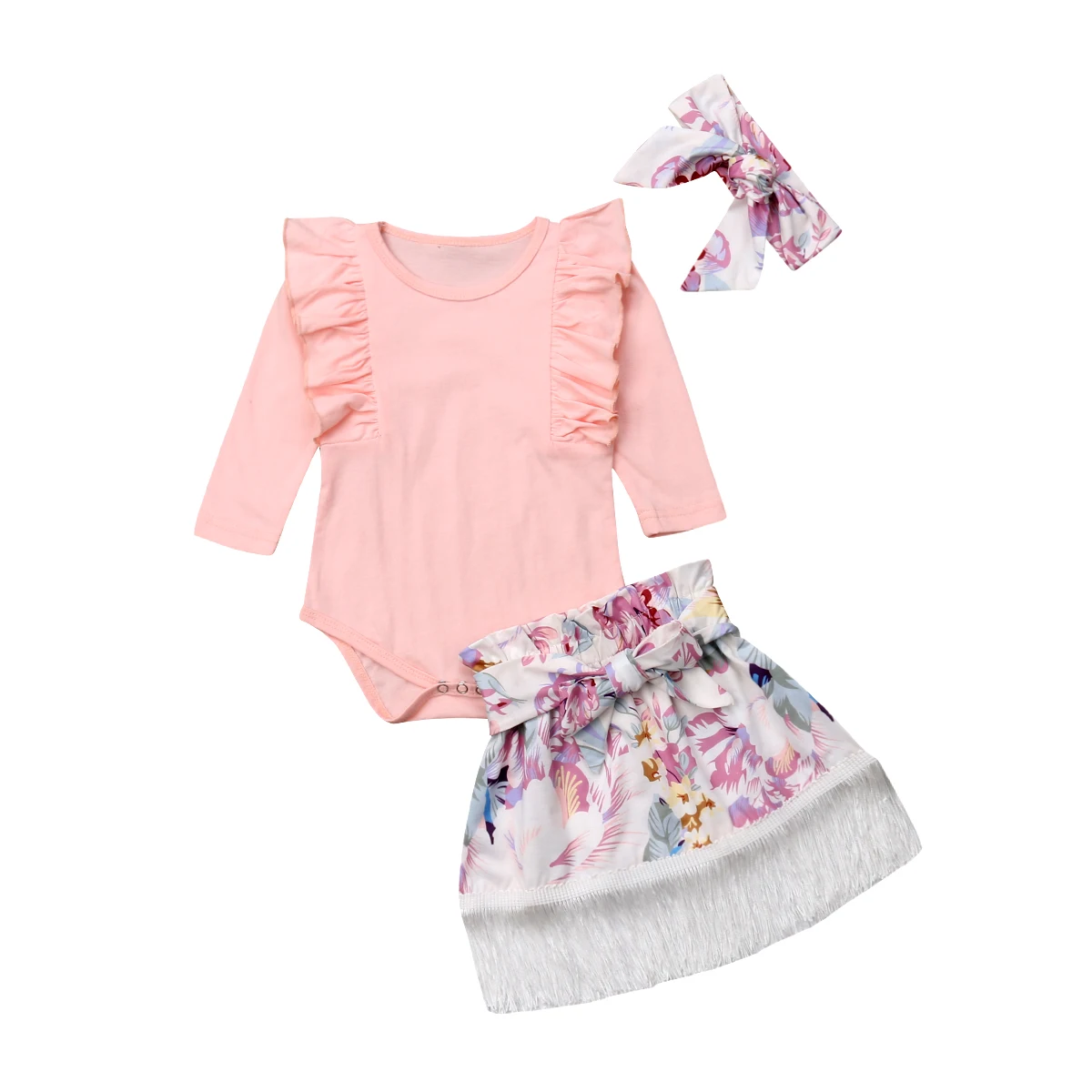 

Cute Newborn Baby Girls Clothing Romper Ruffles Flower Tassels Skirts Headbands 3Pcs Cotton Outfits Clothes Baby Girl 0-18M