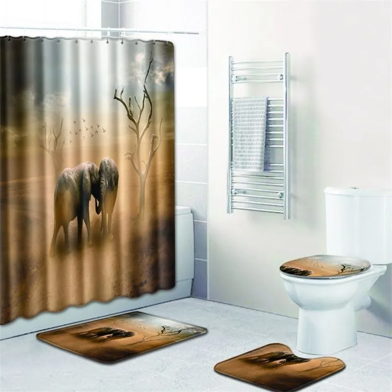 

4Pcs/Set Elephant Shower Curtain Polyester Fabric Flannel Bath Mat Toilet Seat Covers Non-slip Carpet Suit Curtain For Bathroom