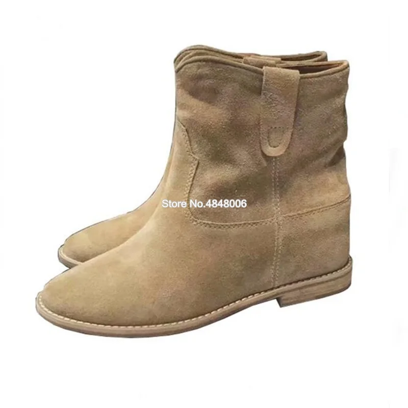 

2019 Shoes Woman Genuine Leather British Style Wedges Heel Kid Suede Short Boots Height Increased Woman Casual Dress Ankle Boots