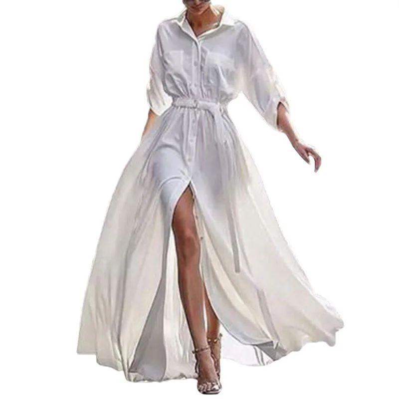 

2019 Summer Chiffon Dress Women Half Sleeve Tunic White Dress Solid Plus Size Long Shirt Dresses