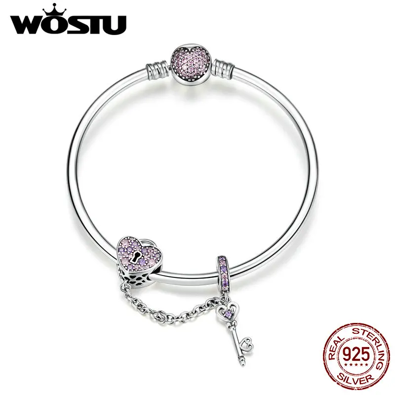 Billige WOSTU Neue Ankunft 925 Sterling Silber Herz Sperre Perlen Charme Armreifen   Armband Für Frauen Funkelnden Mode Schmuck Geschenk CQB820