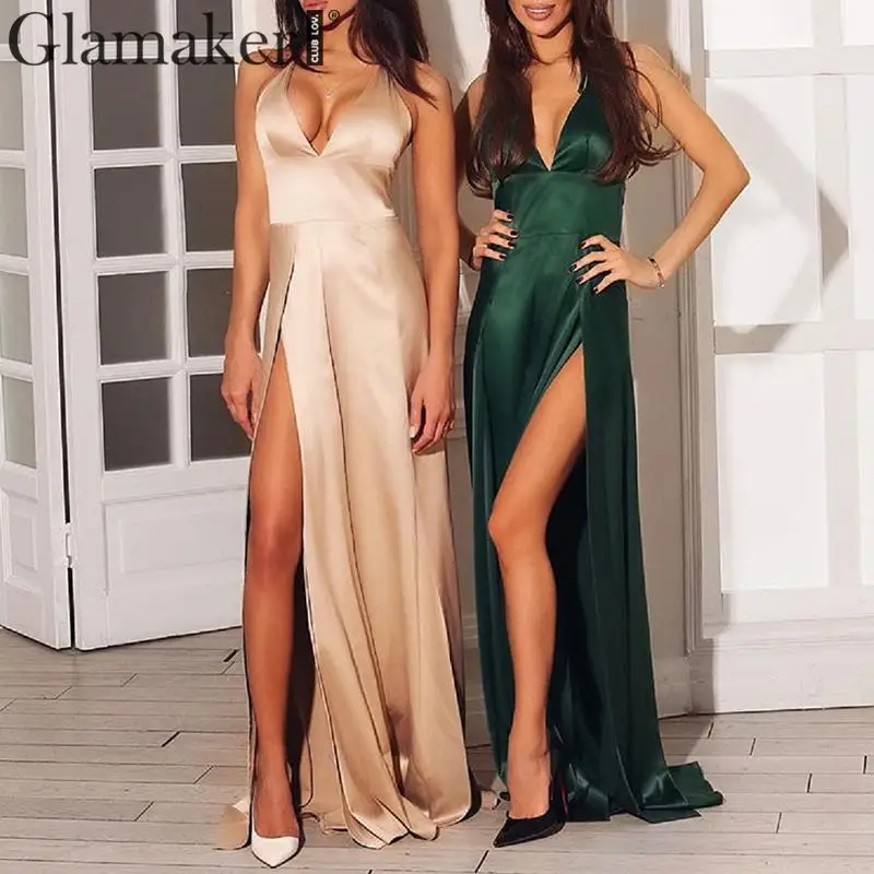 

Glamaker Backless v-neck satin elegant sundress Women high split party club summer dress Sexy high waist maxi dress vestidos