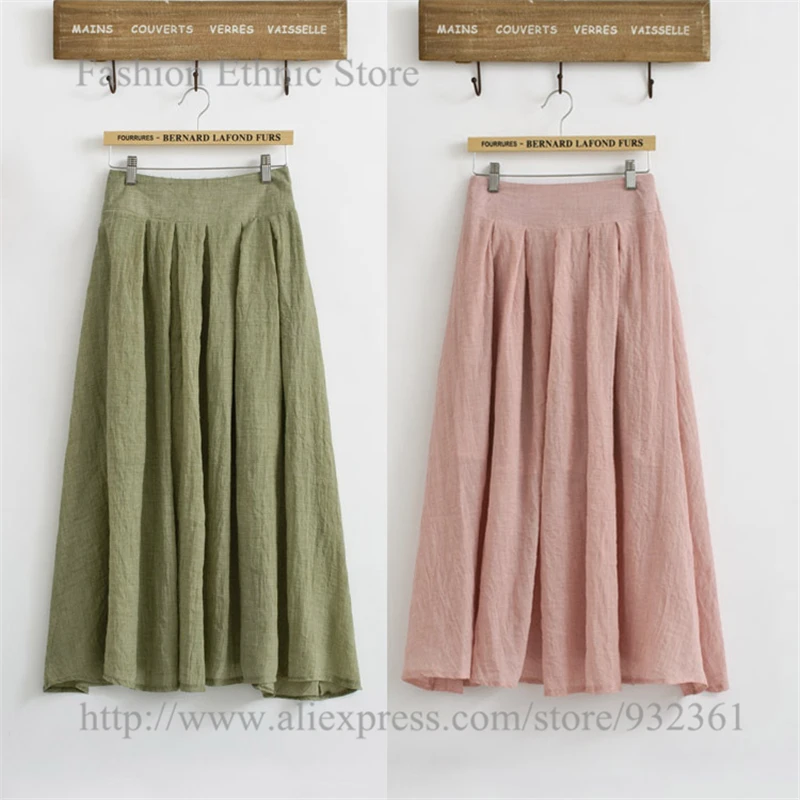 Women's Vintage Pure Color Cotton Linen Pleated Long Skirt with Lining Elastic Waist Casual