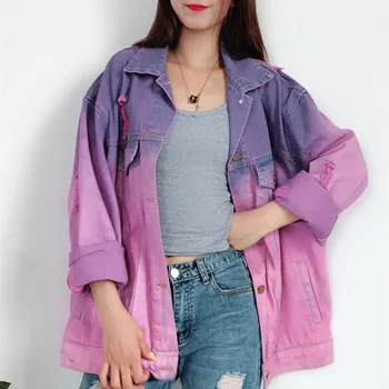 

Street Style Oversized Frayed Denim Jacket For Women Faded Purple Jeans Jacket veste femme Female Loose Basic short Tops A9123