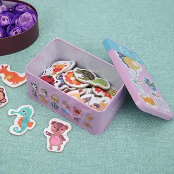 

Kids Cognition Puzzles Toys Wooden Cartoon Cognition Puzzles Toys Baby Iron Box Cards Matching Education Toys for Children