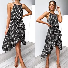 Polka-Dot Tie Waist Boho Dress Women Irregular Beach Midi Dress A-Line Sleeveless Halter Neck Sexy Sundress Polka-Dot Tie Waist Boho Dress Women Irregular Beach Midi Dress A-Line Sleeveless Halter Neck Sexy Sundress