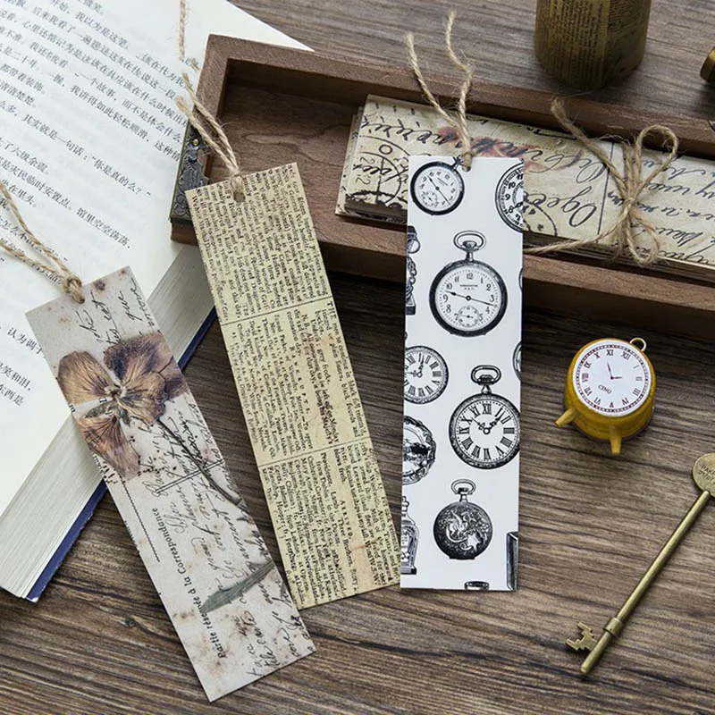 

30pcs/box Vintage Newspaper Stamp Bookmarks Creative Flower Stopwatch Paper Book Mark Greeting Cards For Student School Supplies