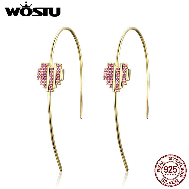 

WOSTU 100% 925 Sterling Silver Heart's signal Hoop Earrings Pink Zircon Dangle Long Earrings For Women Romantic Jewelry CTE029