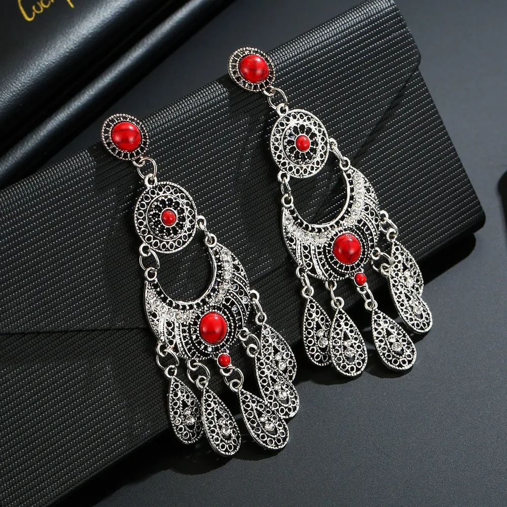 

Boho Rhinestone Statement Earrings For Women Gypsy Tibetan Silve Hollow Out Carving Red Gem Water Drops Tassel Long Earrings