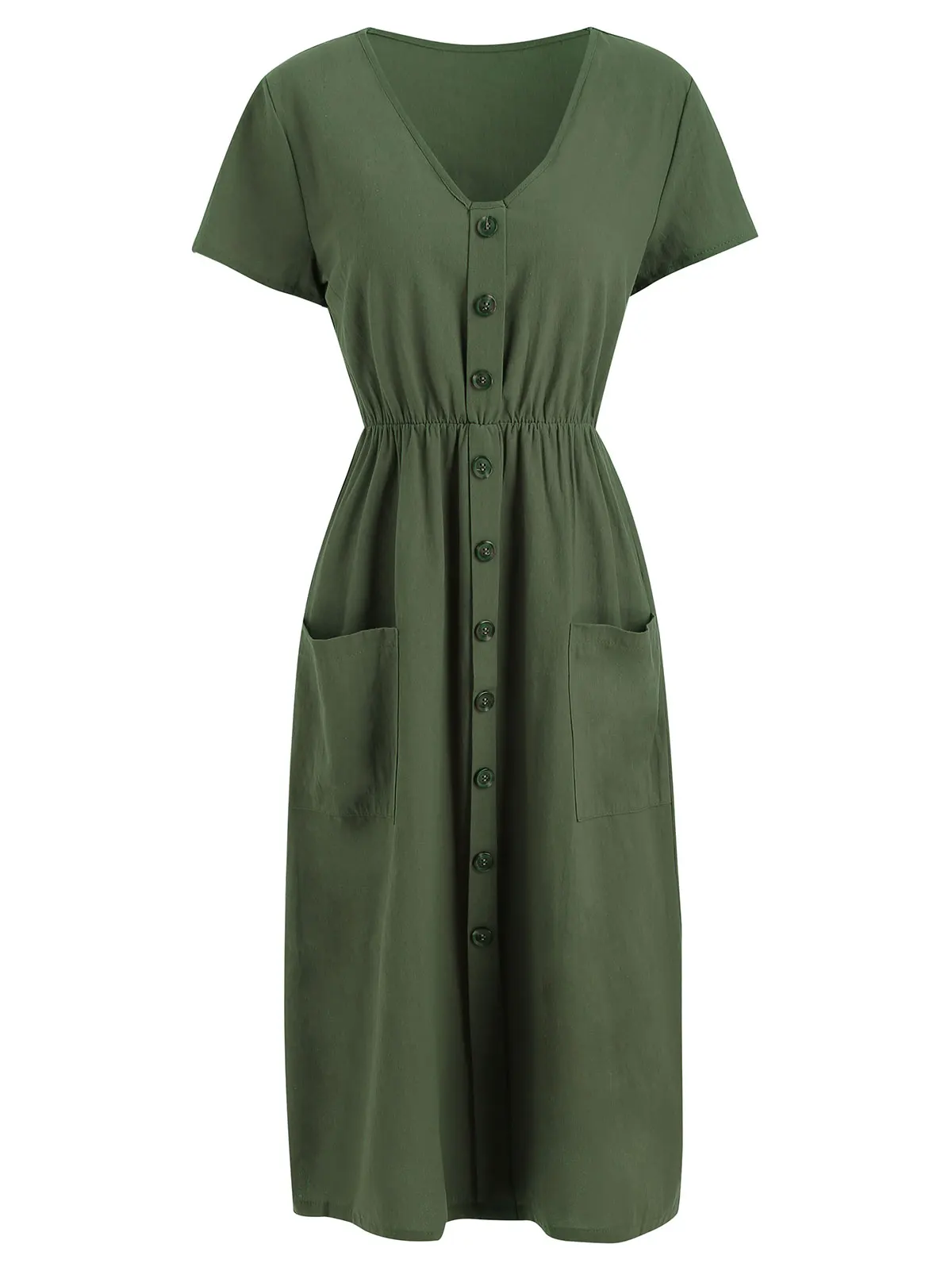 

Joineles V Neck Button Cap Sleeve Summer Midi Women Dress Army Green Two Pockets Front Casual Female Dress Daily Sundress Robe