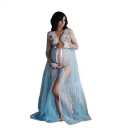 Беременная женщина мода Сетчатое платье кружево лоскутное спереди с разрезом длина до пола средства ухода за кожей для будущих мам
