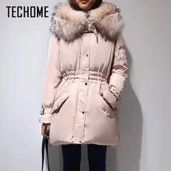 2017 Зимняя Куртка парка для женщин пальто мода женский пуховик с капюшоном большой искусственный мех воротник бренд пуховик размер XXL