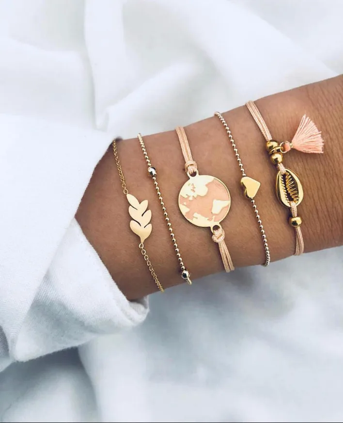 

World Map Heart Shell Leaf Design Bracelets Bangles Sets Bohemian Charm Bracelets For Women Strand Bracelets Sets Jewelry Gifts