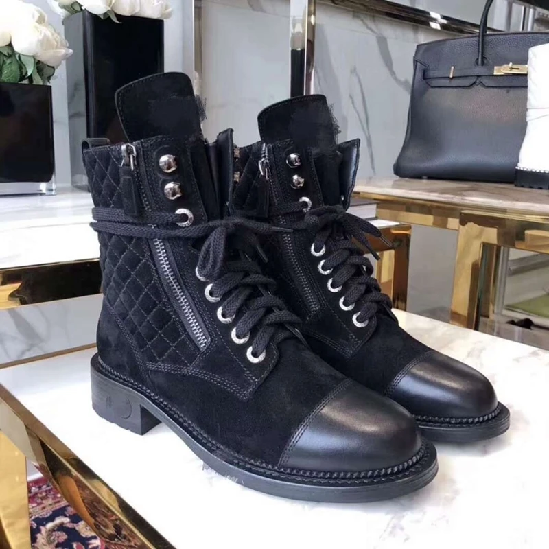 

Luxury Brand Lace Up Round Toe Western Boots Women Genuine Leather Chunky Heels 2019 New Chaussures Femme Ankle Boots