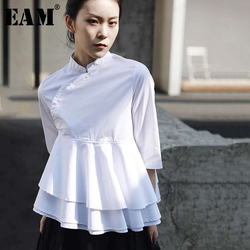 

[EAM] 2019 New Spring Summer Stand Collar Half Sleeve White Double Layers Ruffles Loose Shirt Women Blouse Fashion Tide JR393