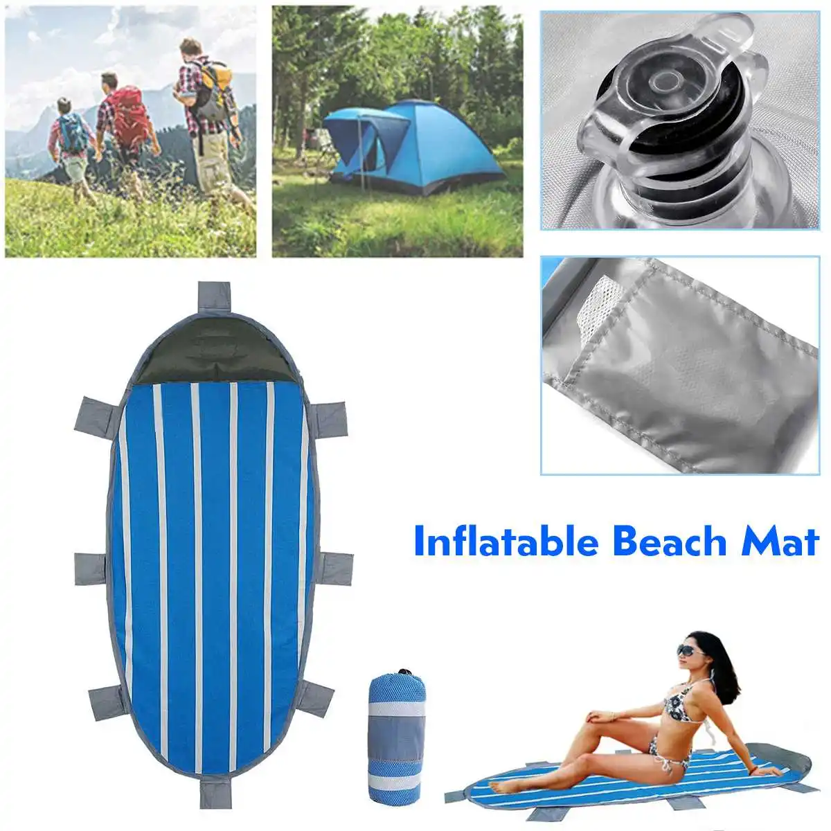 

Outdoor Beach Mat With Inflatable Pillow Camping Picnic Foldable Cushion Bed Pad Blue Micro Fibre Cotton Waterproof 210x95cm