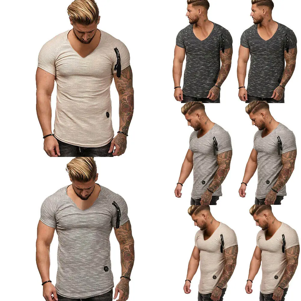 

Men's Gym Summer V Neck Shoulder Zipper Slim Fit Casual Short Sleeve Muscle Tee Tops T-shirt