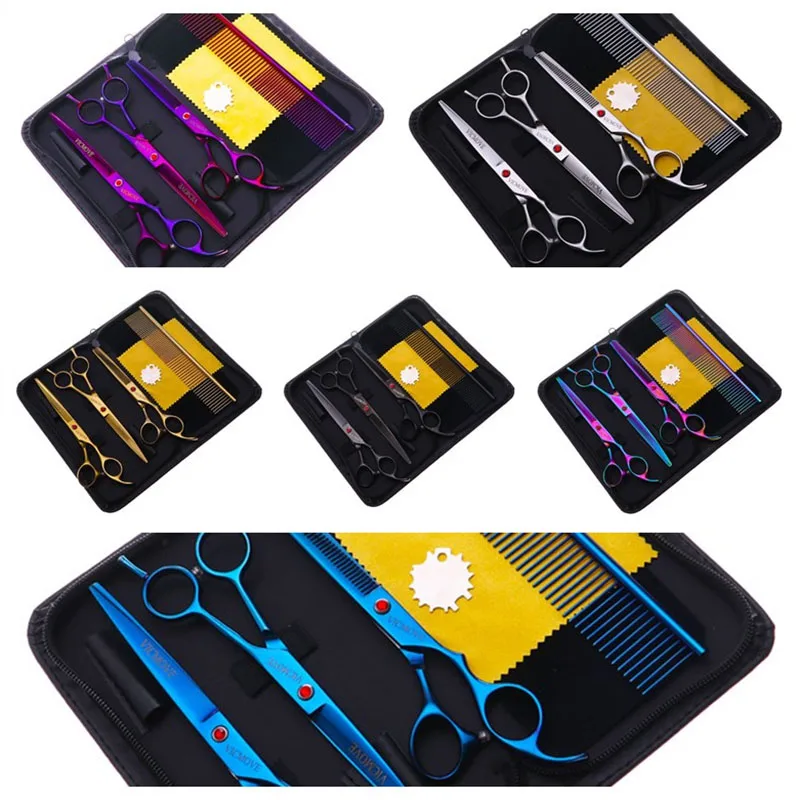 Salão de Beleza Tesouras do Cabeleireiro Ferramenta de Corte de Cabelo Kit com Pente para Pet Profissional Barbeiro 7 Tesoura Grooming Cabelo Estilo 4 Pçs – Set