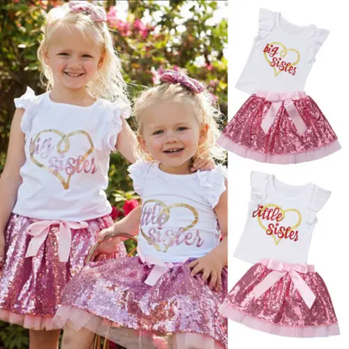 

Summer Pretty Sisters Clothing Letter Print Baby Girl Sleeveless T-shirt Top+Toddler Infant Sequins Bow Skirt Matching Outfits