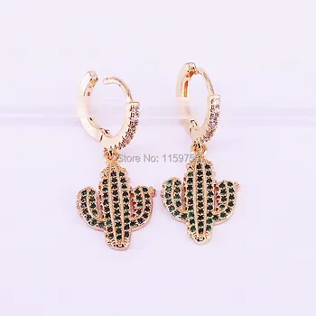 

5Pair Gold color fashion earring for women Green cz cactus dangle earrings