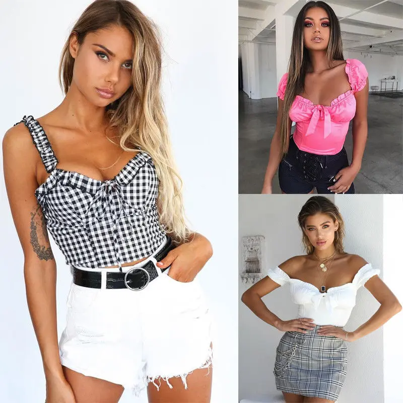 

Women Girl Sexy Vest Tops Plaid Tank Tops Crop Tops Summer Fashion Sexy Women Clothes Tanks