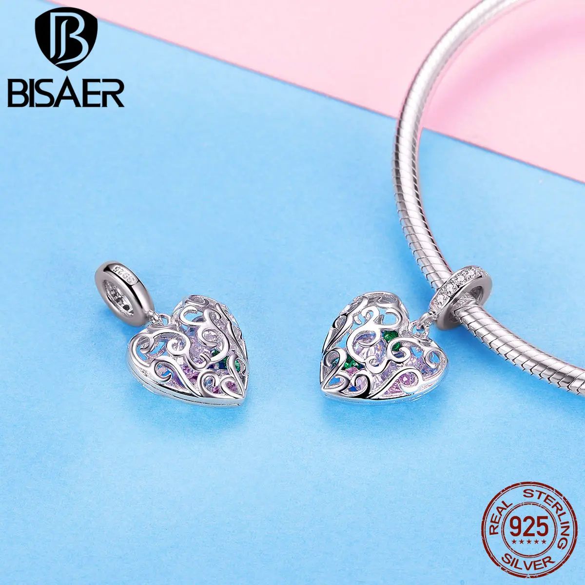 

BISAER Hot Sale 925 Sterling Silver Cute Love Heart Pendant For Bracelet&Necklace Charm Fit Charms Jewelry Lover Gift HSC1126