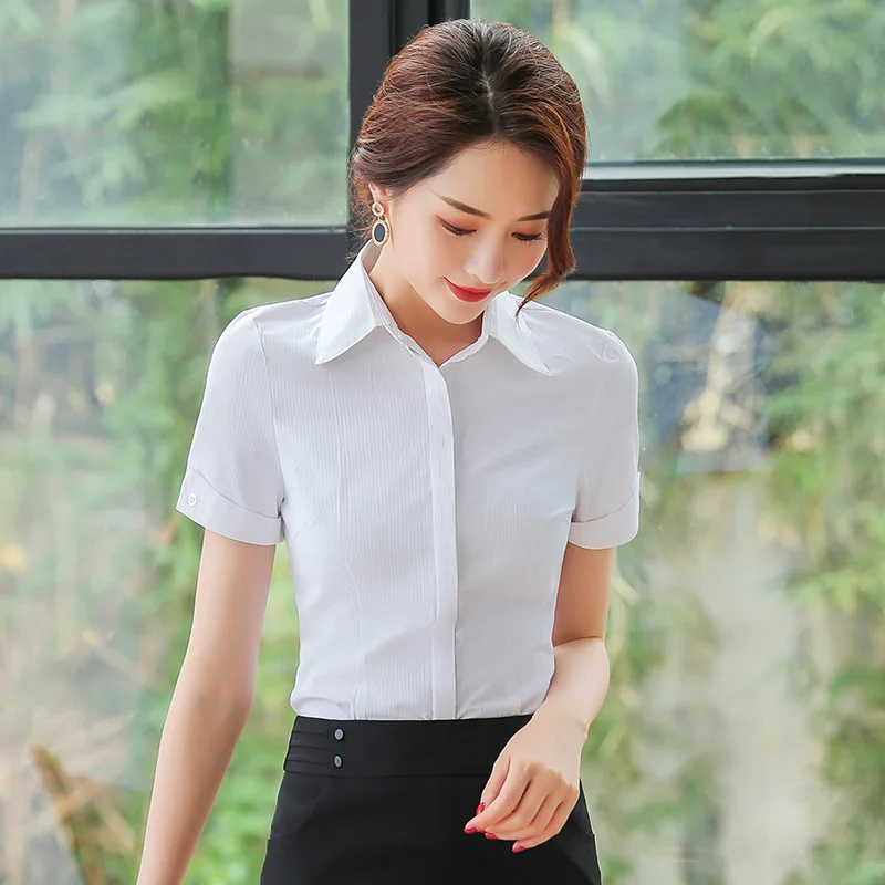 

Elegant Women Blouses Shirt Short Sleeve Office Lady Work Wear OL Tops Formal Chemise Striped Split Button Sleeve Blue / White