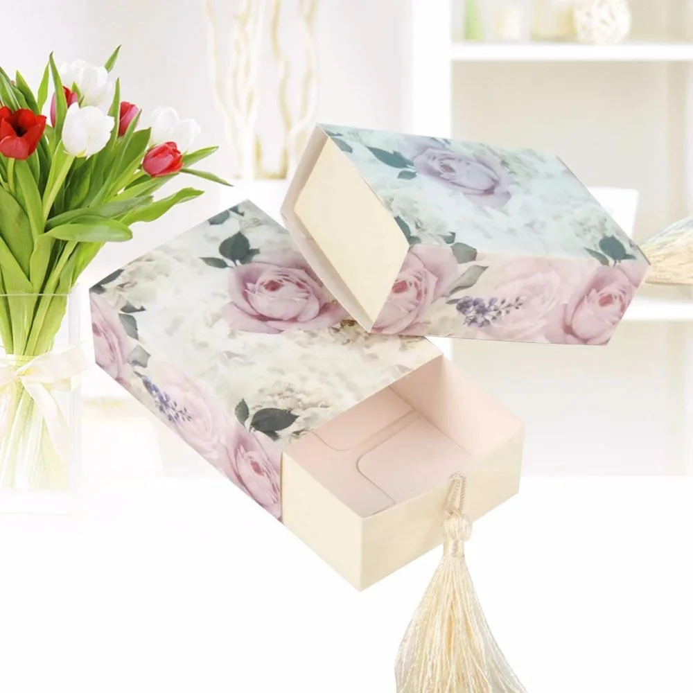 RMTPT 50pcs/lot Floral Candy Box Drawer Design Party Favor Boxes Craft Paper Box with Tassel for Pulling