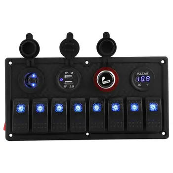 

12V 24V 8 Gang Car Boat LED Rocker Switch Control Panel Dual USB Voltmeter Cigarette Lighter car accessories