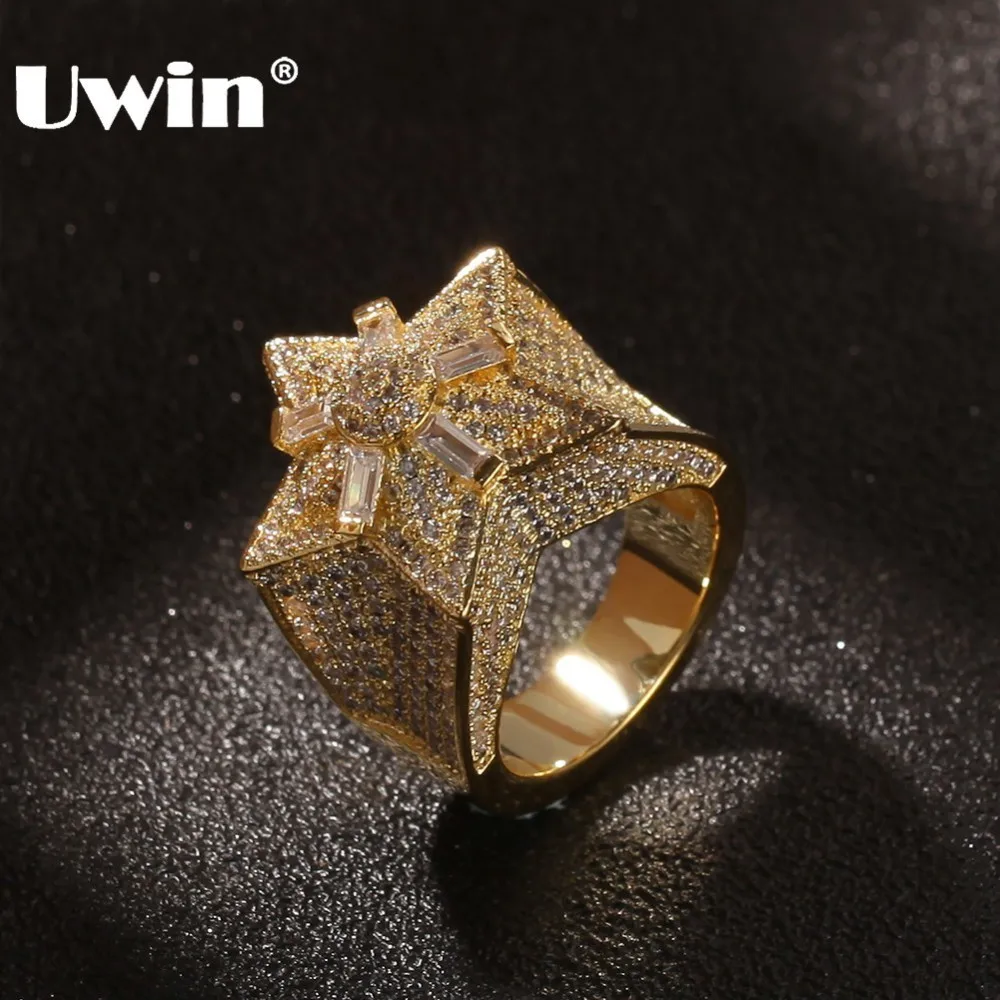 

UWIN Fashion Micro Pave Iced Cubic Zirconia Bling Bling Star Rings For Men Women Hiphop Gold Color CZ Wedding Ring Jewelry