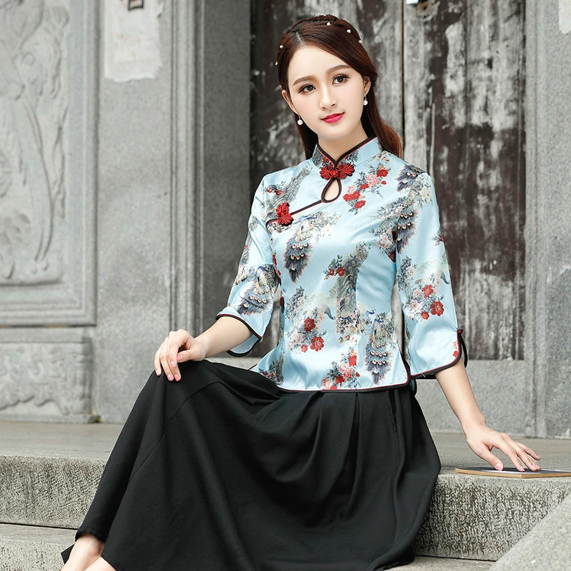 

Chinese Blouse Silk Cheongsam Shirts Improvement Vintage Silk Tang Costume Printing Woman Vetement Chinois Tops National Costume