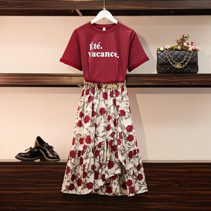 

New 2019 Summer Women Set Fashion Letter Pattern Short Sleeve T Shirt Top + Floral Flower Chiffon Skirt Suit Two Piece Sets