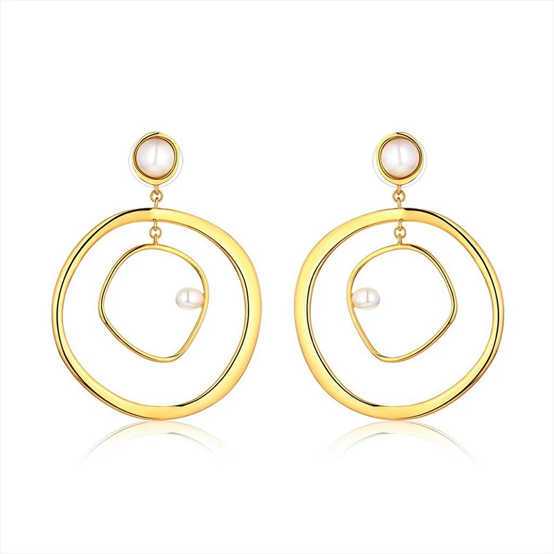 Irregular Double Layered Gold Color Loop Pearl Drop Earrings For Women Ladies Street Style Statement Earring | Украшения и