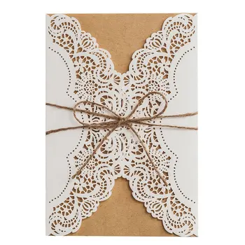 

5x7inch 1x White Laser Cut Wedding Invitation with Rustic Rope and Envelopes, Country Style Blank Birthday Party Invitation Card