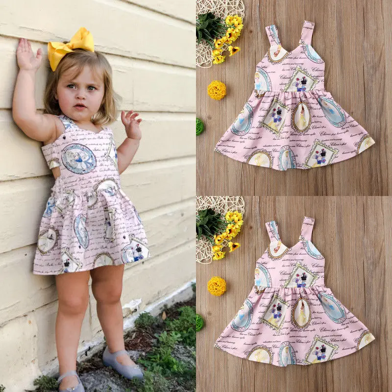 

Summer Sleeveless Cartoon Flower Newborn Girl Princess Dress Bowknot Bandage Kids Party Wedding Pageant Slip Pink Dress Outfits