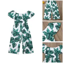 Принцессы для маленьких девочек модные оборки, открытые плечи комбинезон Лист Печать сарафан наряды Комбинезоны летняя одежда