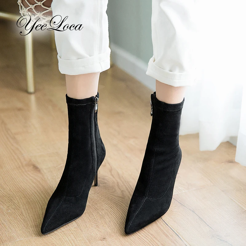 

2019 Newest Ankle Boots Stiletto Pointed Toe Suede Fashion Ankle Boot Women Casual High Heel Pumps Big Size 7.5cm Heel Black