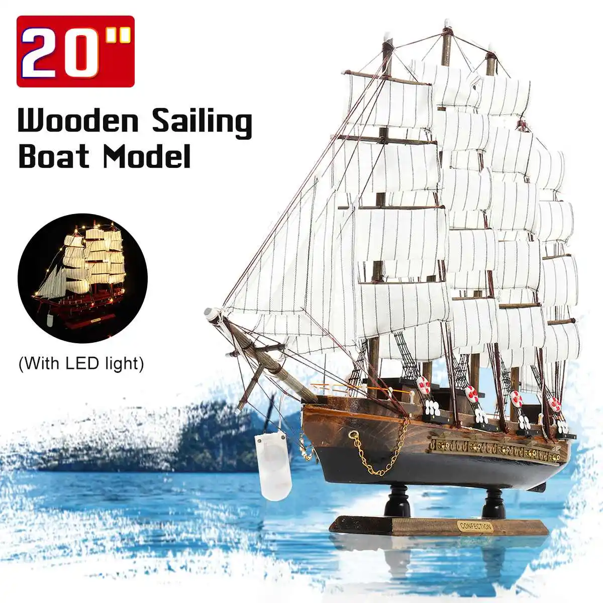 

20'' Wooden Wood Sailboat Ship with LED Light Kits Home DIY Model Home Decoration Boat Mediterranean Sea Style Gift Toy for Kids