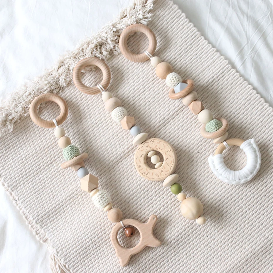 3Pc/Set Sensory Baby Teether Wooden Ring Crochet Beads Wooden Teething Toys Cartoon Silicone Teether Baby Rattles Crib Mobiles
