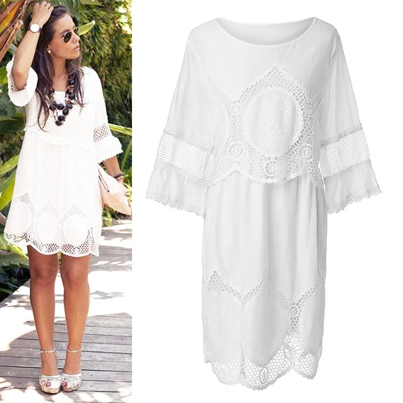 

Sexy Fashion Women Summer Dress Plus Size 3XL 4XL 5XL 6XL Large Slim White Lace Hallow Out O-Neck Loose Dress Vestidos