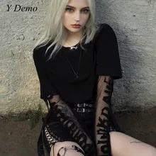 Панк Уличная мода женская сетчатая Лоскутная футболка Повседневная рок футболка с длинным рукавом