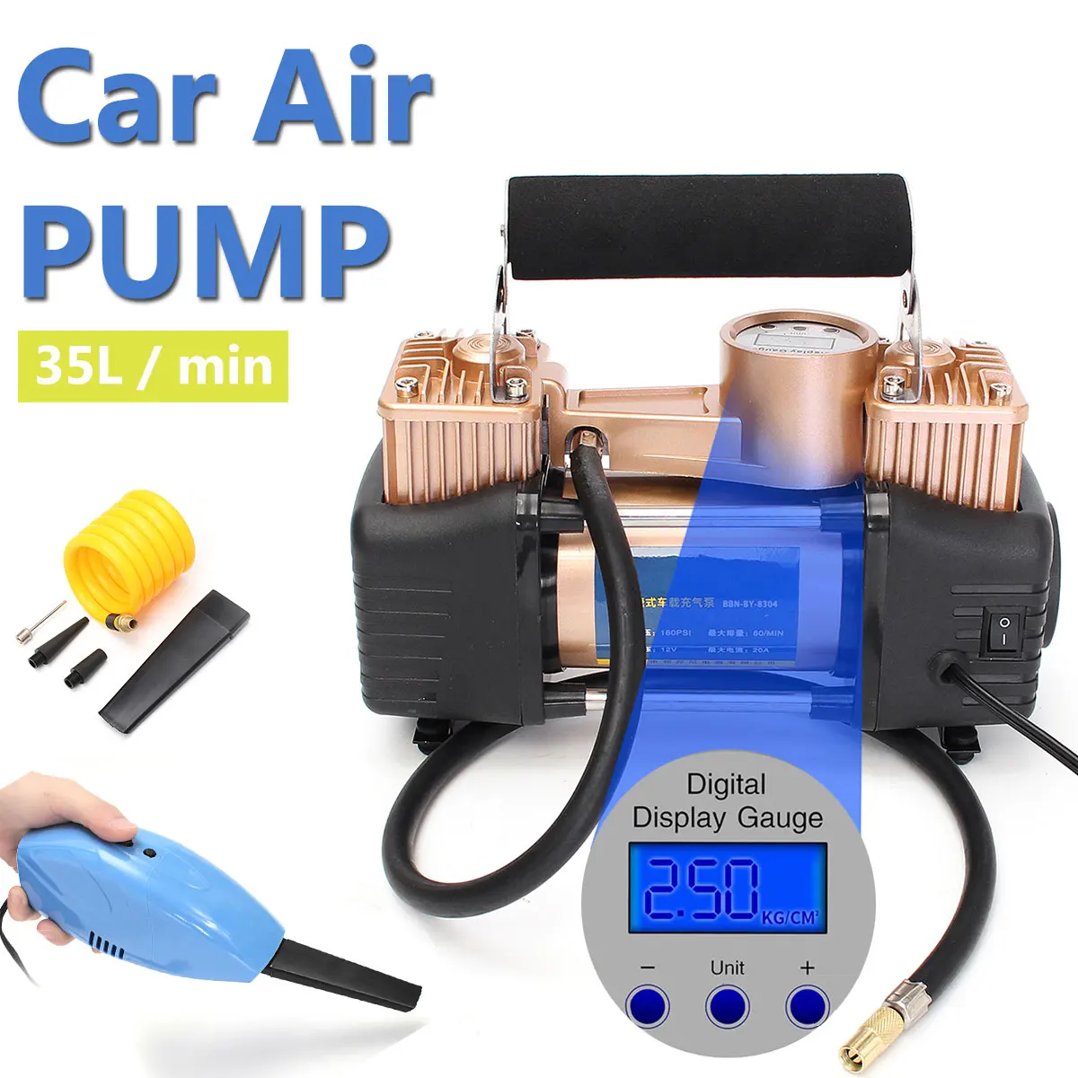 

12V Portable Digital Car Air Tire Compressor Double Cylinder Heavy 150PSI Tyre Pressure Inflator Pump + Vacuum Cleaner