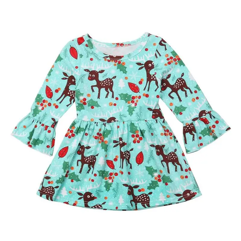 

Deer Print Baby Girls A-line Dress Autumn Children Clothes Cute Flare Sleeve Kids Daily Wear Clothing O-Neck Cotton Kids Dresses