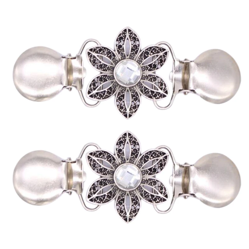 

2Pcs Antique Flower Shirt Collar Clip Crystal Inlaid Clothing Clip Women Cardigan Sweater Blouse Pin Shawl Brooch Shirt Clips