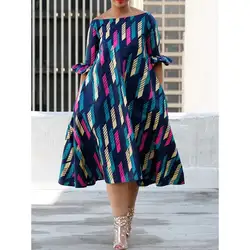 Для женщин миди платье пикантные с открытыми плечами и принтом Цвет Блок Лето 2019 мода плюс размеры халат линии элегантный повседневное Street