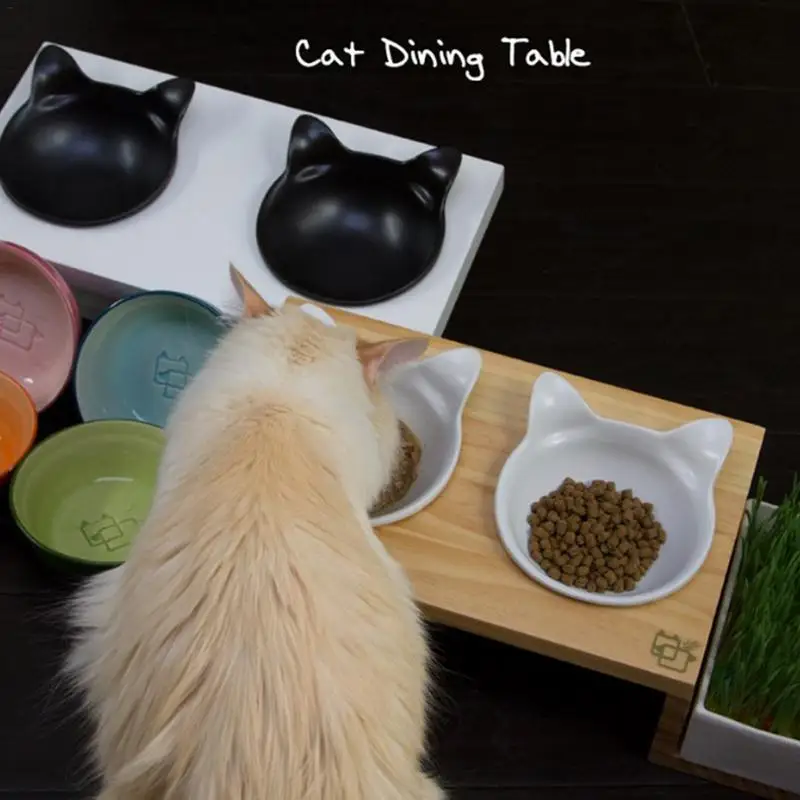 

Ceramic Pet Food Bowl Cat Ear Shaping Two Bowls Construction For Dogs Puppy Cats Food Water Feeder Pets Feeding Dishes