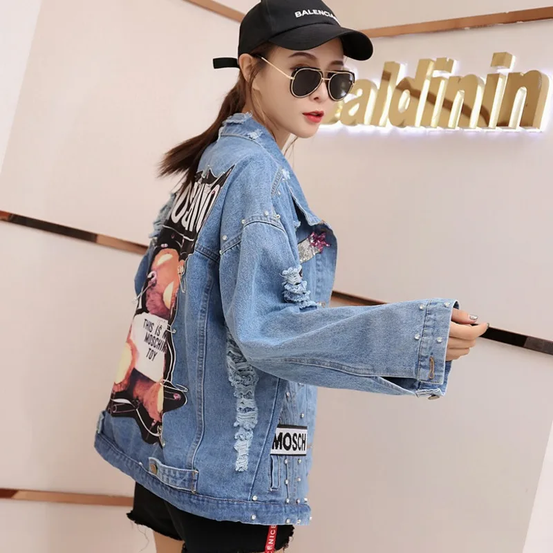 2019 جديد الدنيم سترة النساء الترتر اللؤلؤ الشرير جاكيت فضفاض خمر الشارع الشهير جينز جاكيتات معطف السيدات زائد حجم