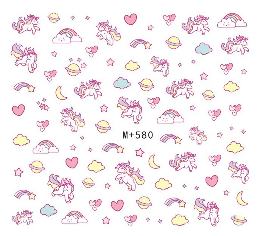 

2 Sheets Unicorn Nail Stickers Charms Nail Art Water Decals Hot Pink Kawaii Decor Sticker 3d Heart Rainbow Cartoon Style Set Diy